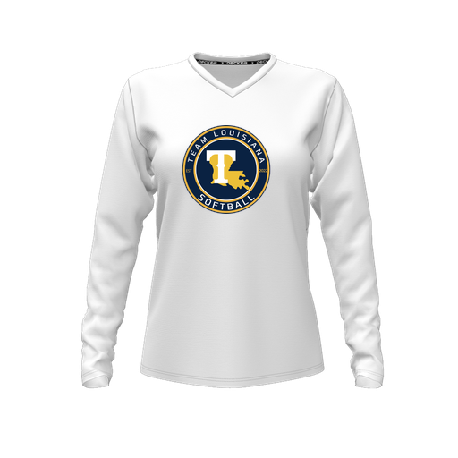 [CUS-DFW-TEES-CMF-VNK-LSL-WHT-FYXS-LOGO1] Comfort T-Shirt (Female Youth XS, White, V Neck, Logo 1, Long Sleeve)