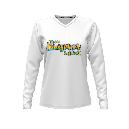 [CUS-DFW-TEES-CMF-VNK-LSL-WHT-FYXS-LOGO2] Decker Comfort T-Shirt (Female Youth XS, White, V Neck, Logo 2, Long Sleeve)