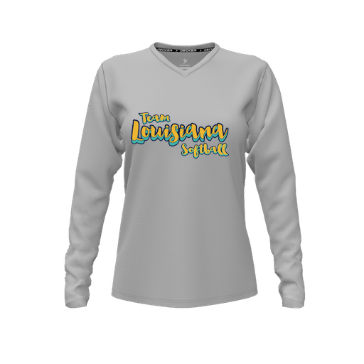 [CUS-DFW-TEES-CMF-VNK-LSL-GRY-FYXS-LOGO2] Decker Comfort T-Shirt (Female Youth XS, Gray, V Neck, Logo 2, Long Sleeve)