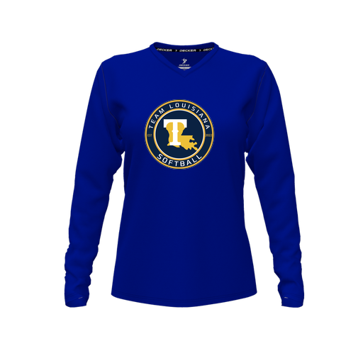 [CUS-DFW-TEES-PER-VNK-LSL-RYL-FYXS-LOGO1] Performance T-Shirt (Female Youth XS, Royal, V Neck, Logo 1, Long Sleeve)