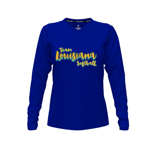 [FTLVPTRY-FYXS-LOGO2] Decker Performance T-Shirt (Female Youth XS, Royal, V Neck, Logo 2, Long Sleeve)