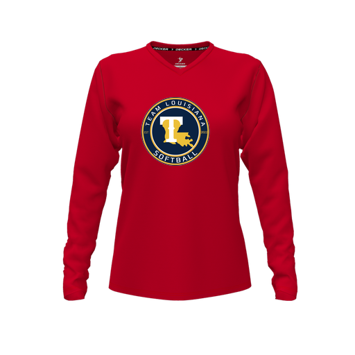 [FTLVPTRD-FYXS-LOGO1] Decker Performance T-Shirt (Female Youth XS, Red, V Neck, Logo 1, Long Sleeve)