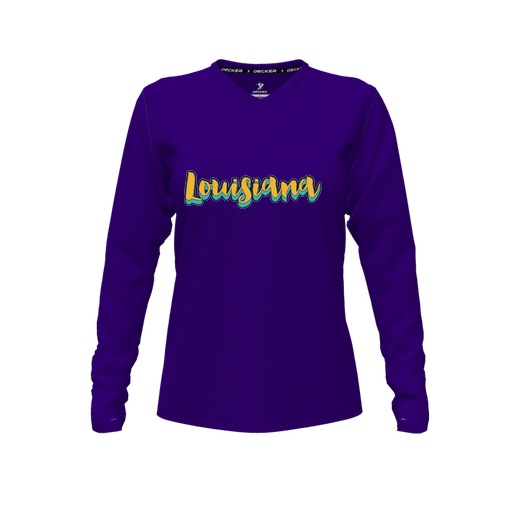 [FTLVPTPP-FYXS-LOGO3] Decker Performance T-Shirt (Female Youth XS, Purple, V Neck, Logo 3, Long Sleeve)